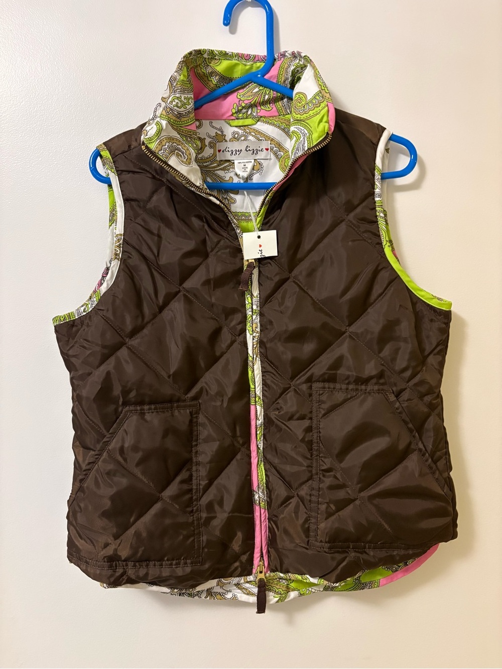 Dizzy Lizzie Brown Puffer Vest with Paisley Lining NWT SZ M